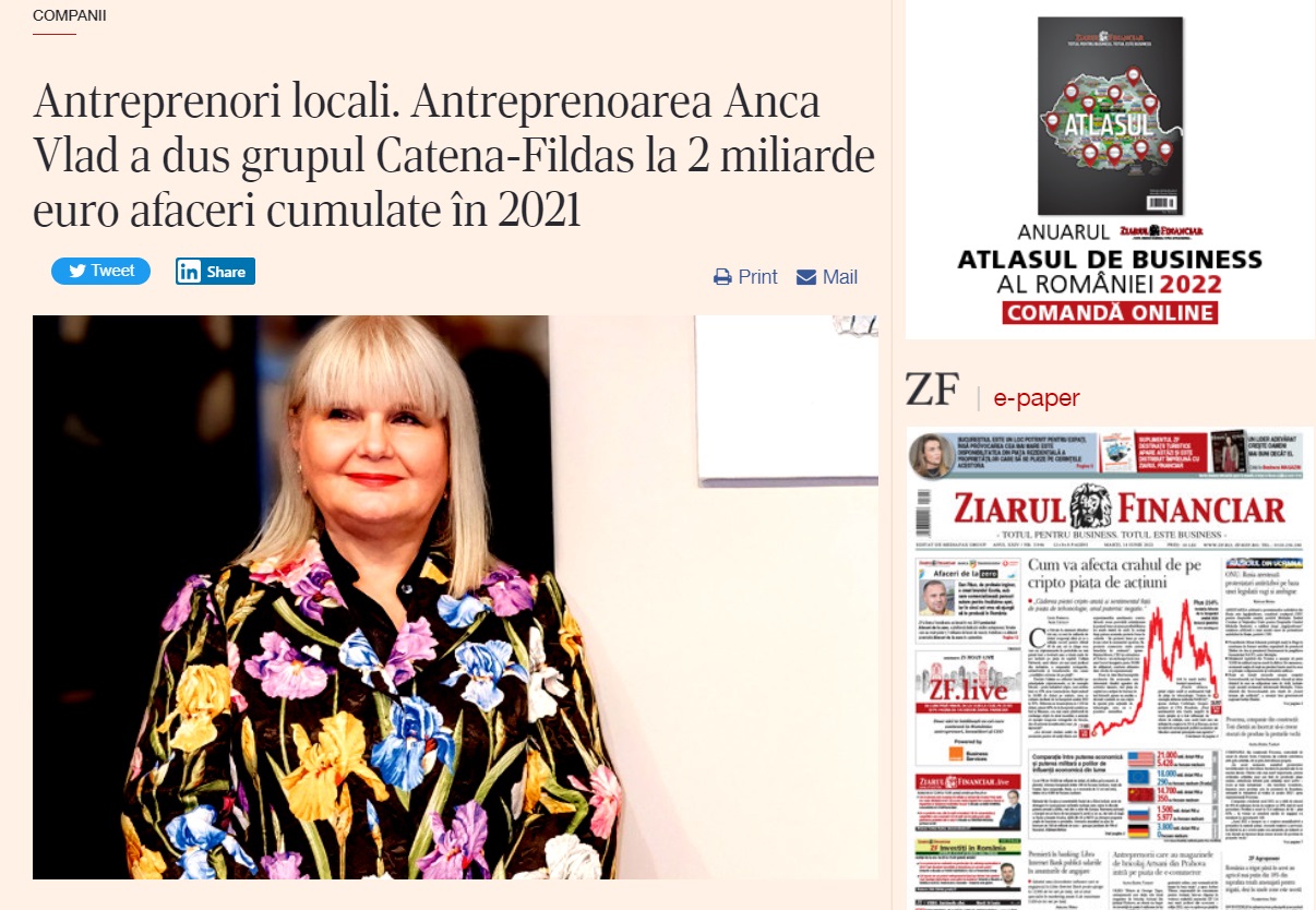 ZF: Antreprenoarea Anca Vlad a dus grupul Catena-Fildas la 2 miliarde euro afaceri cumulate în 2021